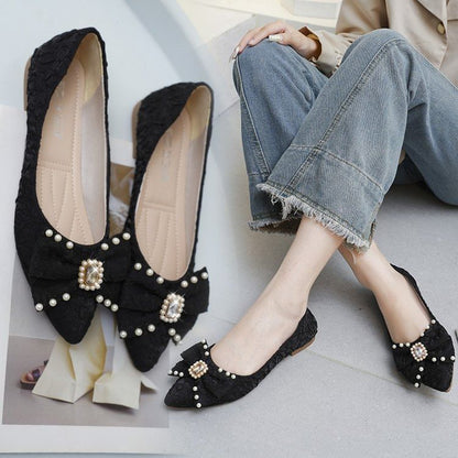 Pointed Toe Rhinestone Faux Pearl Bow Flats SpreePicky