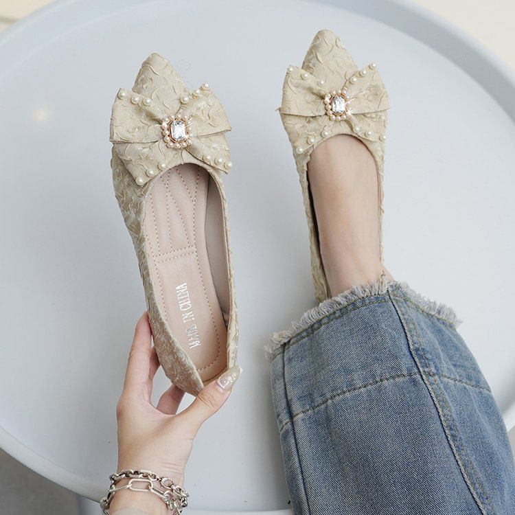 Pointed Toe Rhinestone Faux Pearl Bow Flats SpreePicky