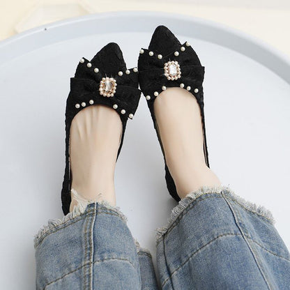 Pointed Toe Rhinestone Faux Pearl Bow Flats SpreePicky