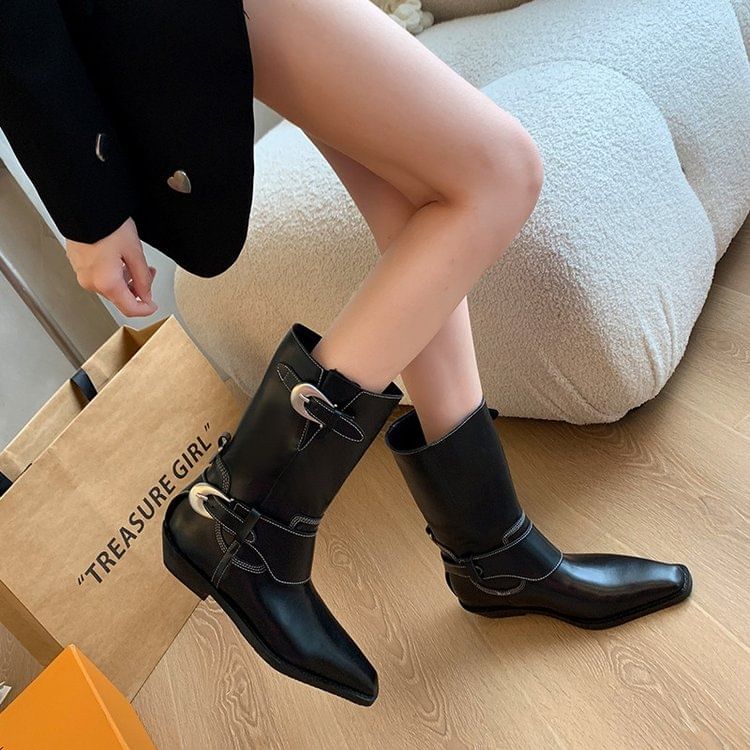 Contrast Stitching Buckled Mid-Calf Boots mySite