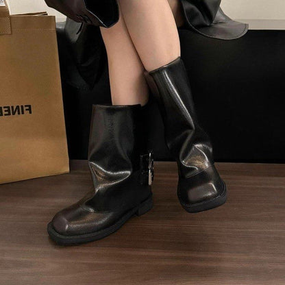 Square Toe Buckled Chunky Heel Mid-Calf Boots mySite