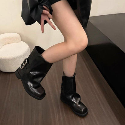 Square Toe Buckled Chunky Heel Mid-Calf Boots mySite