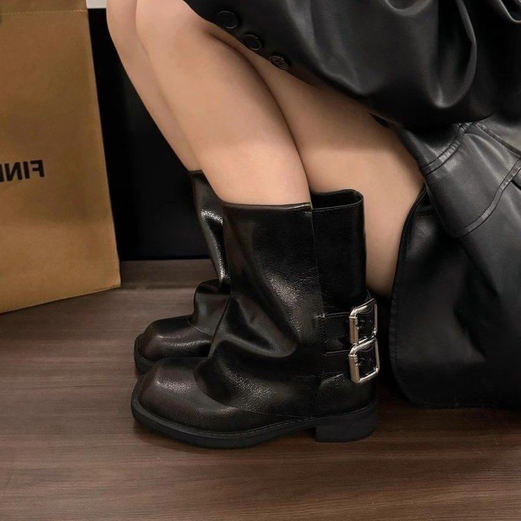 Square Toe Buckled Chunky Heel Mid-Calf Boots mySite