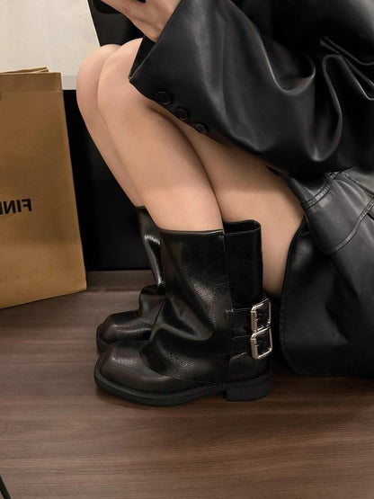 Square Toe Buckled Chunky Heel Mid-Calf Boots mySite