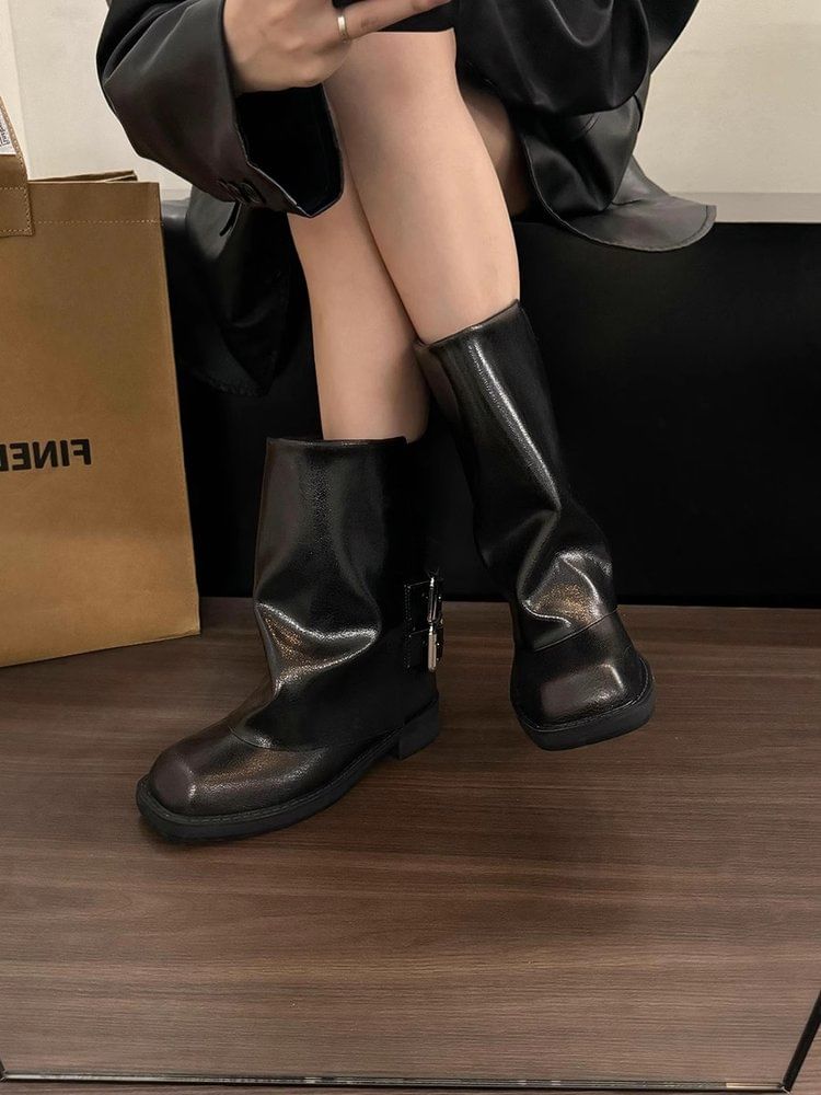 Square Toe Buckled Chunky Heel Mid-Calf Boots mySite