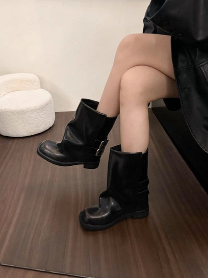 Square Toe Buckled Chunky Heel Mid-Calf Boots mySite