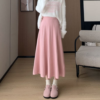 High Rise Plain Ribbed Knit Midi A-Line Skirt SpreePicky