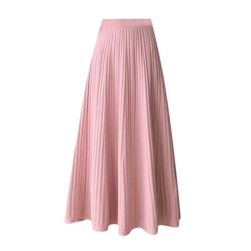 High Rise Plain Ribbed Knit Midi A-Line Skirt SpreePicky