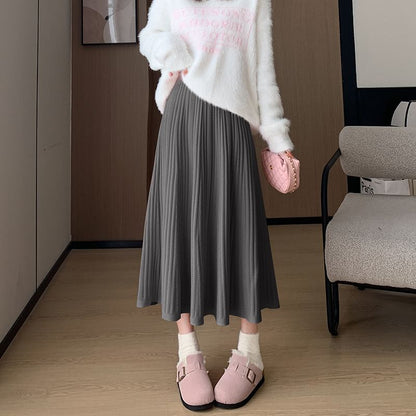 High Rise Plain Ribbed Knit Midi A-Line Skirt SpreePicky