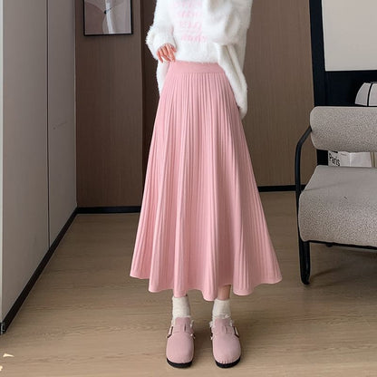 High Rise Plain Ribbed Knit Midi A-Line Skirt SpreePicky