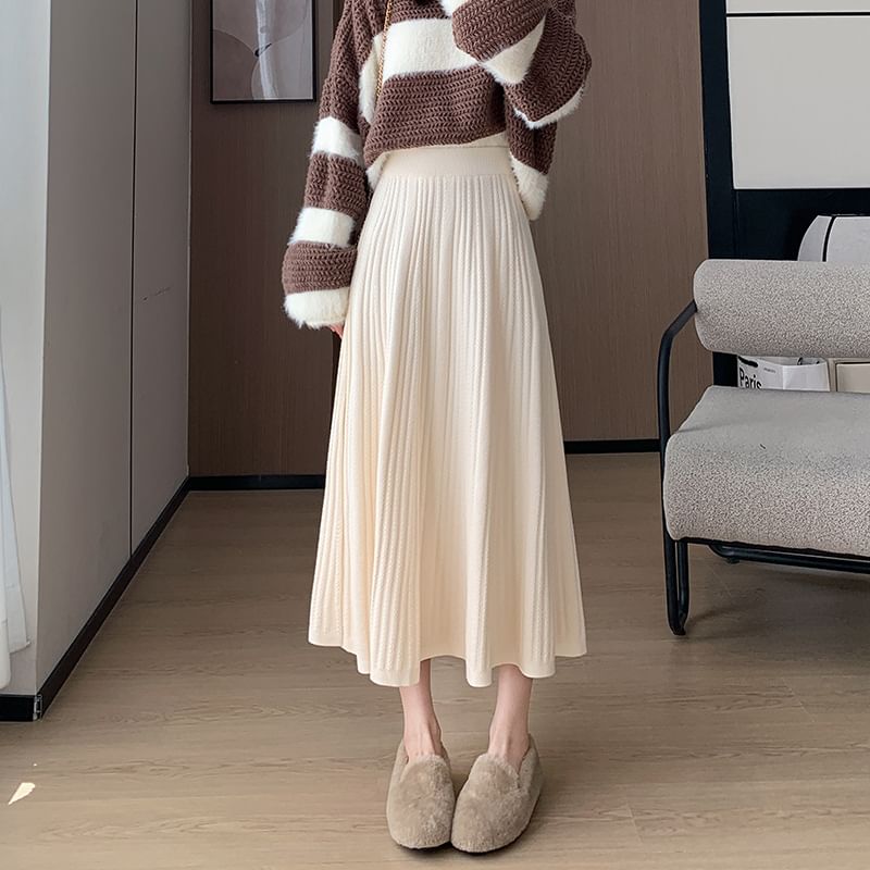 High Rise Plain Ribbed Knit Midi A-Line Skirt SpreePicky