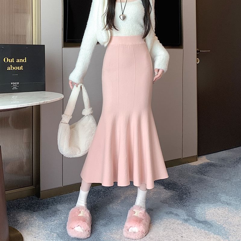 High Rise Plain Knit Midi Fishtail Skirt SpreePicky