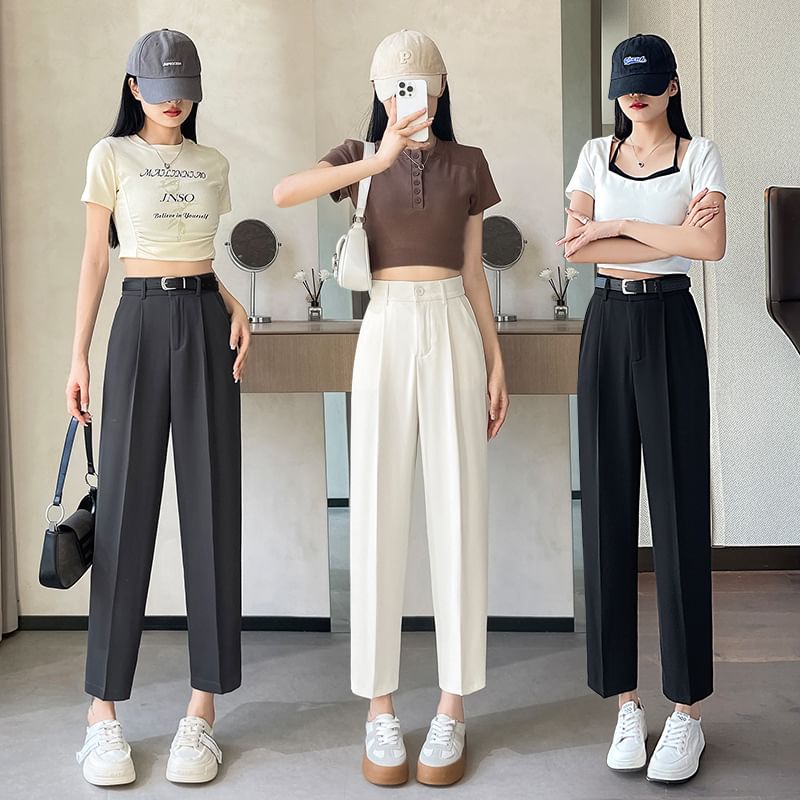 High Waist Plain Cropped Straight Leg Suit Pants SpreePicky