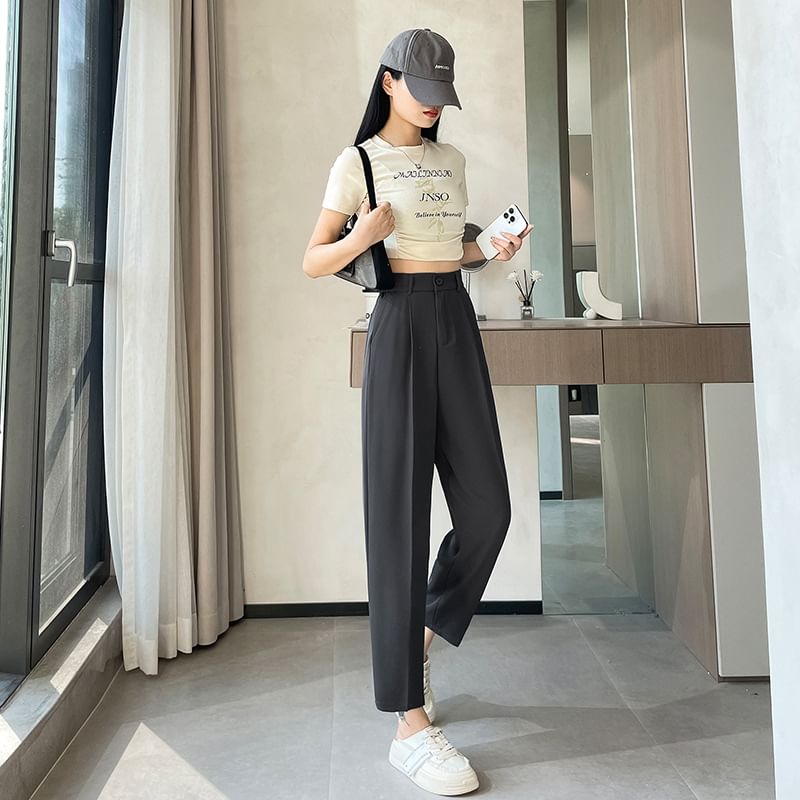 High Waist Plain Cropped Straight Leg Suit Pants SpreePicky