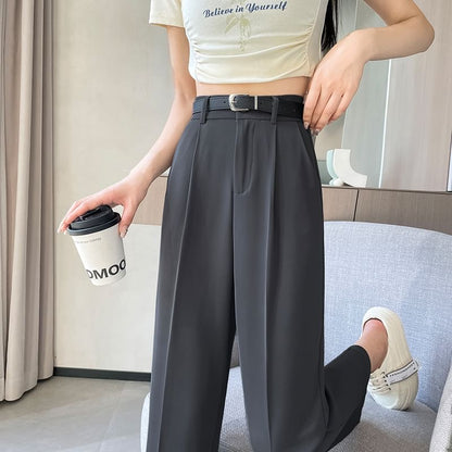 High Waist Plain Cropped Straight Leg Suit Pants SpreePicky