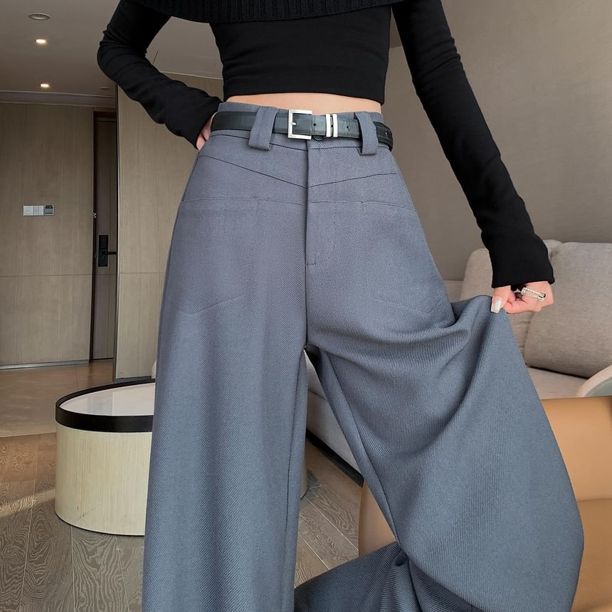 Mid Rise Plain Wide Leg Slacks SpreePicky