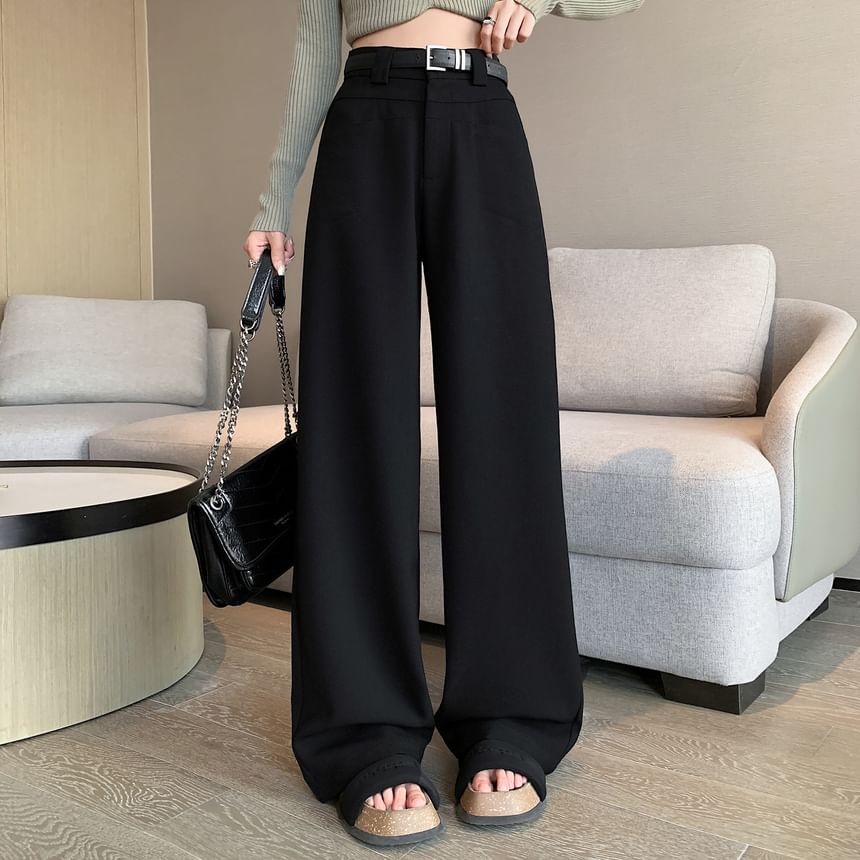 Mid Rise Plain Wide Leg Slacks SpreePicky