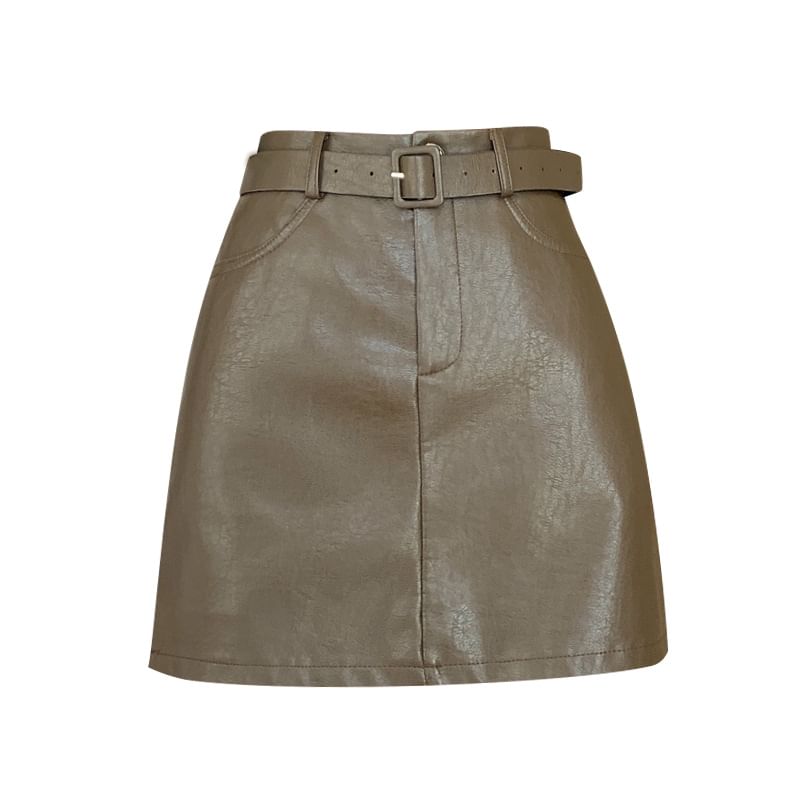 Set: High Rise Plain Faux Leather Mini A-Line Skirt + Belt SpreePicky