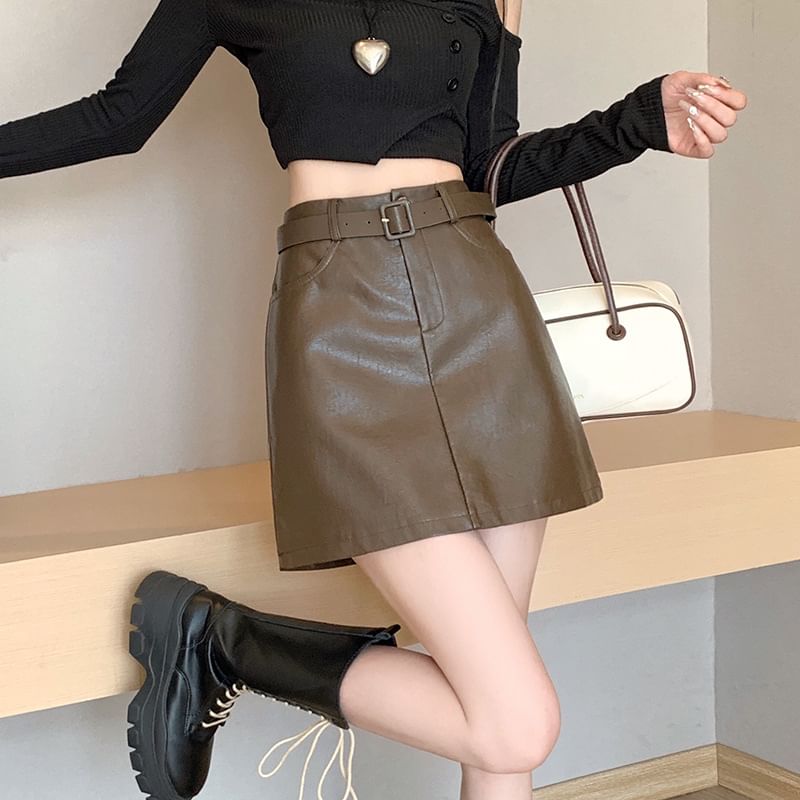 Set: High Rise Plain Faux Leather Mini A-Line Skirt + Belt SpreePicky