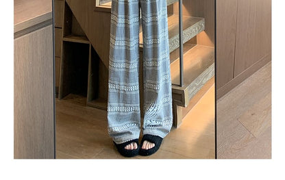 Embroidered Plaid High Waist Wide Leg Drape Pants SpreePicky