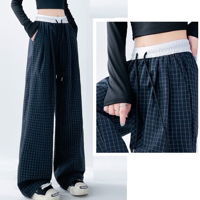 Plaid Panel High Waist Drawstring Wide Leg Pants SpreePicky