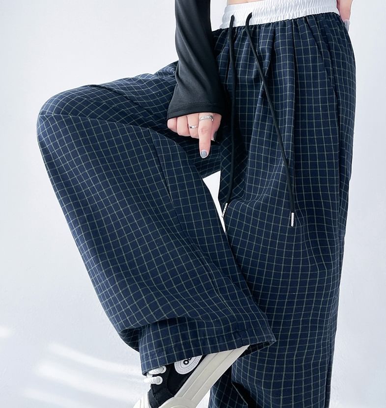 Plaid Panel High Waist Drawstring Wide Leg Pants SpreePicky