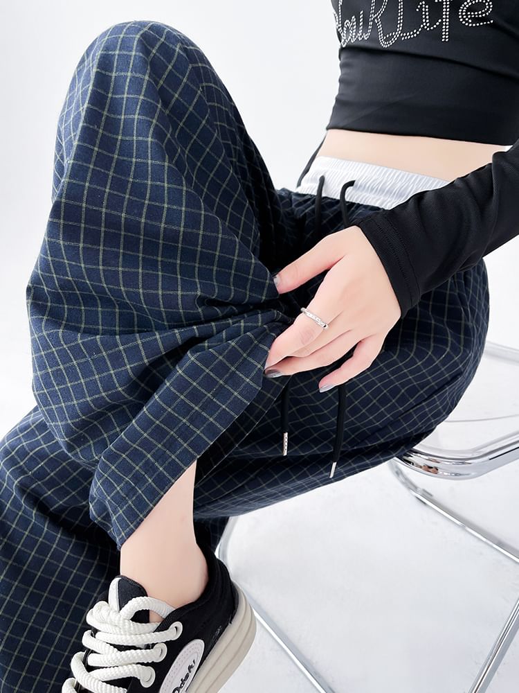 Plaid Panel High Waist Drawstring Wide Leg Pants SpreePicky