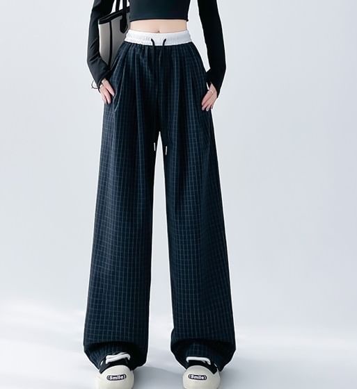 Plaid Panel High Waist Drawstring Wide Leg Pants SpreePicky