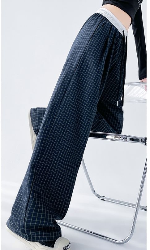 Plaid Panel High Waist Drawstring Wide Leg Pants SpreePicky