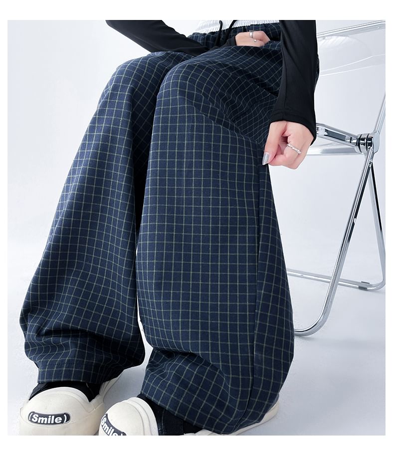 Plaid Panel High Waist Drawstring Wide Leg Pants SpreePicky