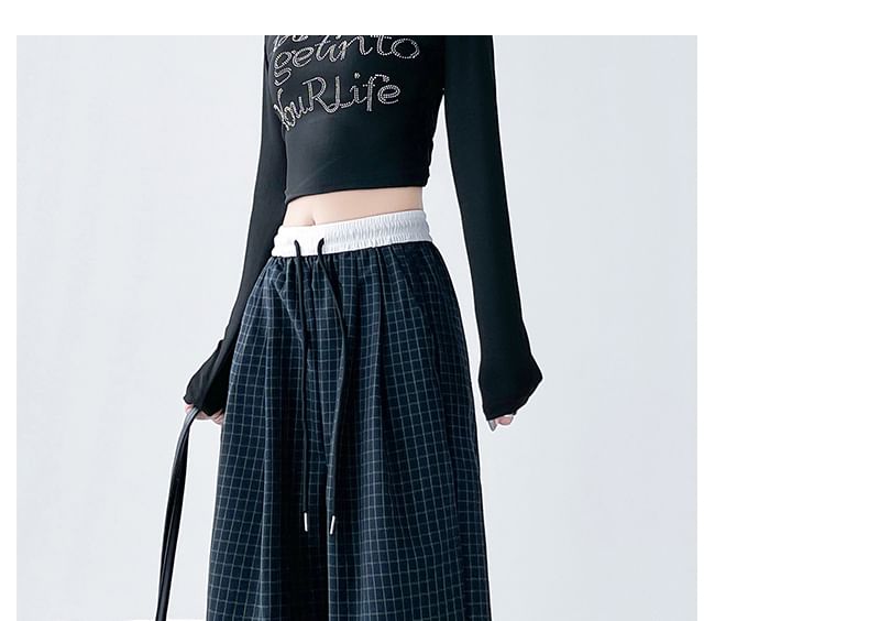 Plaid Panel High Waist Drawstring Wide Leg Pants SpreePicky