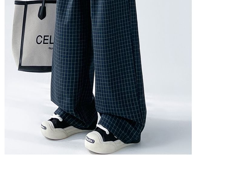 Plaid Panel High Waist Drawstring Wide Leg Pants SpreePicky