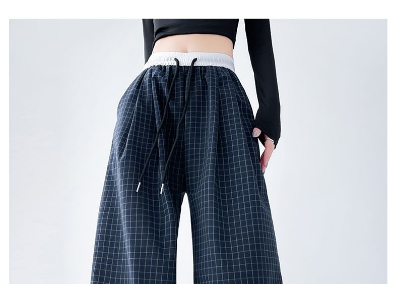 Plaid Panel High Waist Drawstring Wide Leg Pants SpreePicky