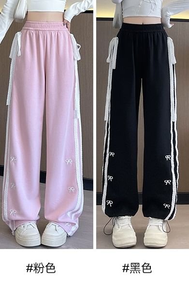 Bow Accent Lace Embroidered Mid Rise Sweatpants SpreePicky