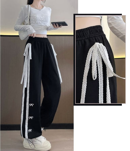 Bow Accent Lace Embroidered Mid Rise Sweatpants SpreePicky