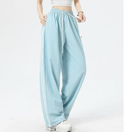 Stripe High Rise Drawstring Wide Leg Sweatpants SpreePicky