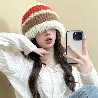 Fringed Color Block Knit Beanie SpreePicky