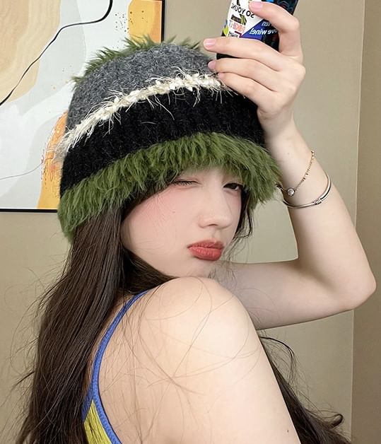 Fringed Color Block Knit Beanie SpreePicky