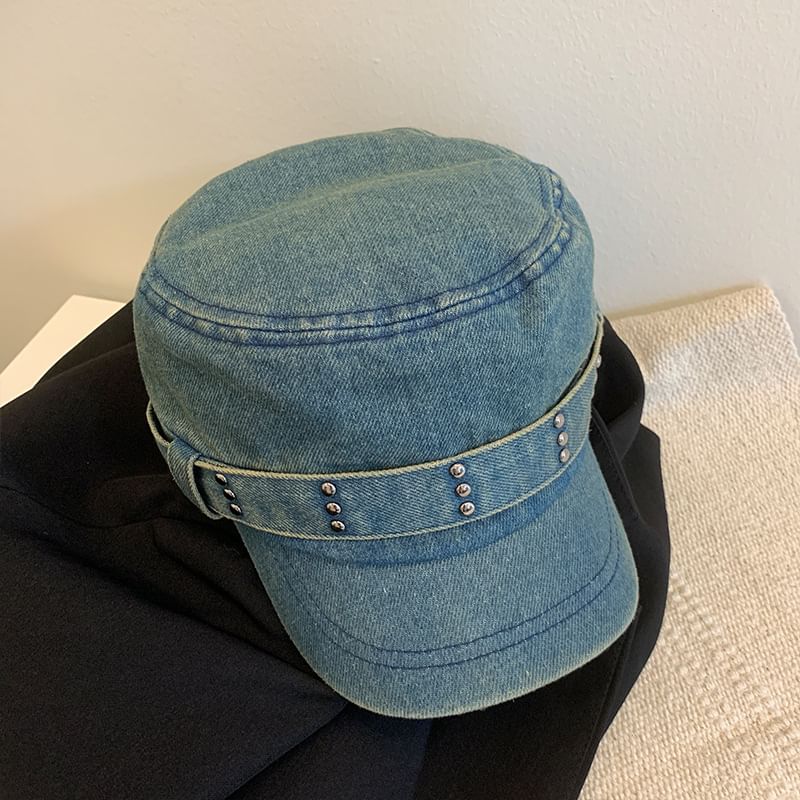 Studded Denim Military Cap SpreePicky