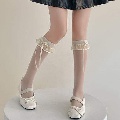 Bow Ruffle Trim Sheer Knee High Socks SpreePicky