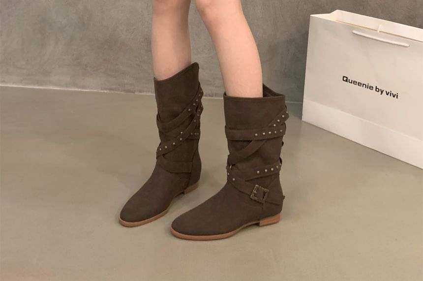 Plain Buckled Mid-Calf Boots SpreePicky