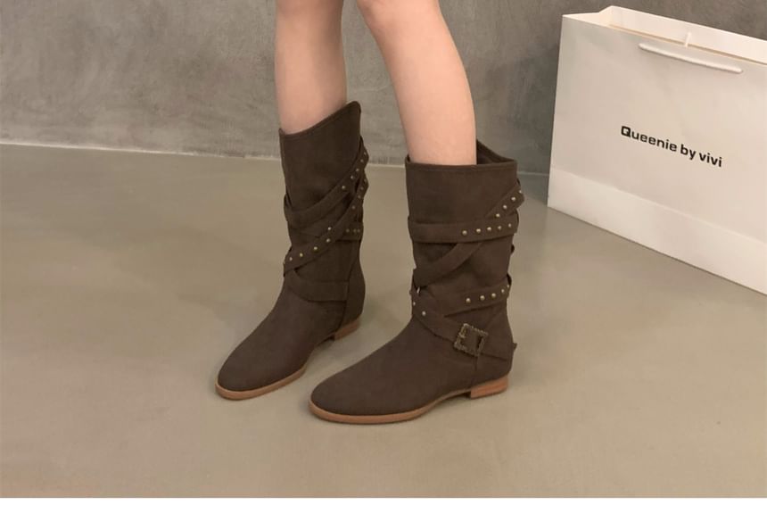 Plain Buckled Mid-Calf Boots SpreePicky