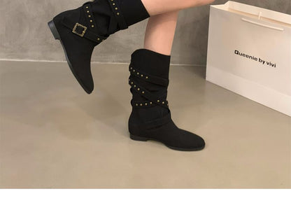 Plain Buckled Mid-Calf Boots SpreePicky