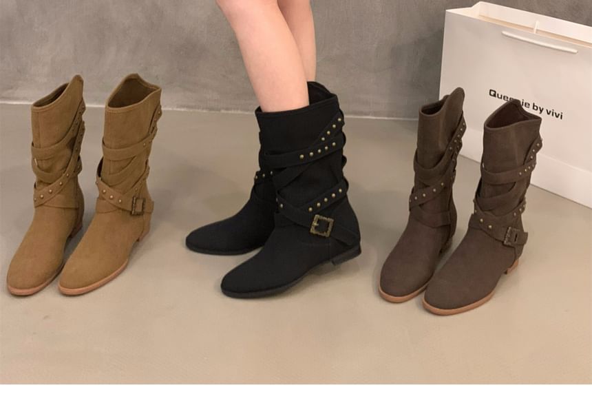 Plain Buckled Mid-Calf Boots SpreePicky