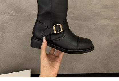 Plain Buckled Mid-Calf Boots SpreePicky