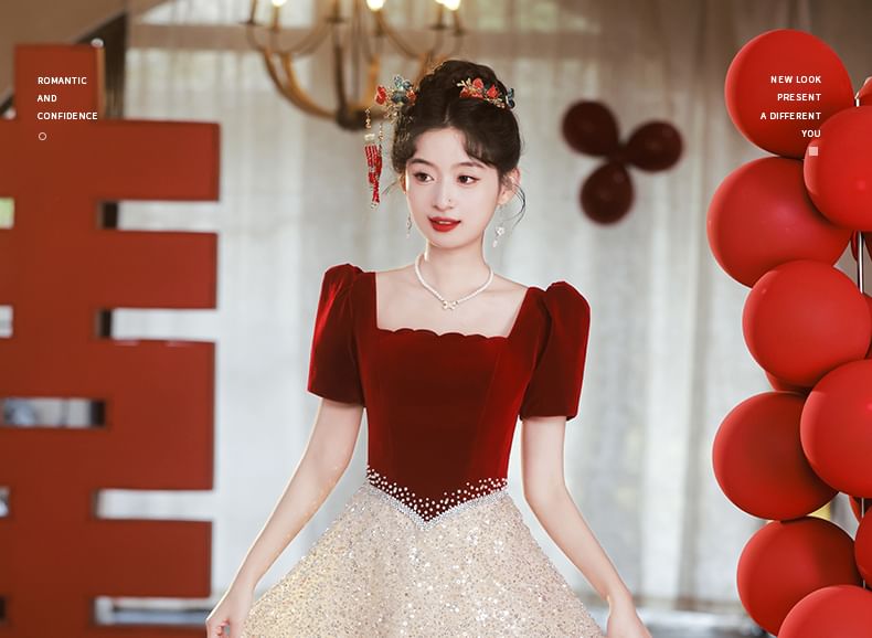 Short-Sleeve Square Neck Sequin Panel A-Line Evening Gown FashionChic