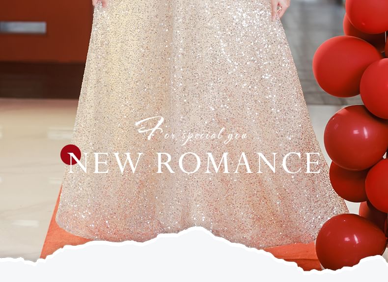 Short-Sleeve Square Neck Sequin Panel A-Line Evening Gown FashionChic