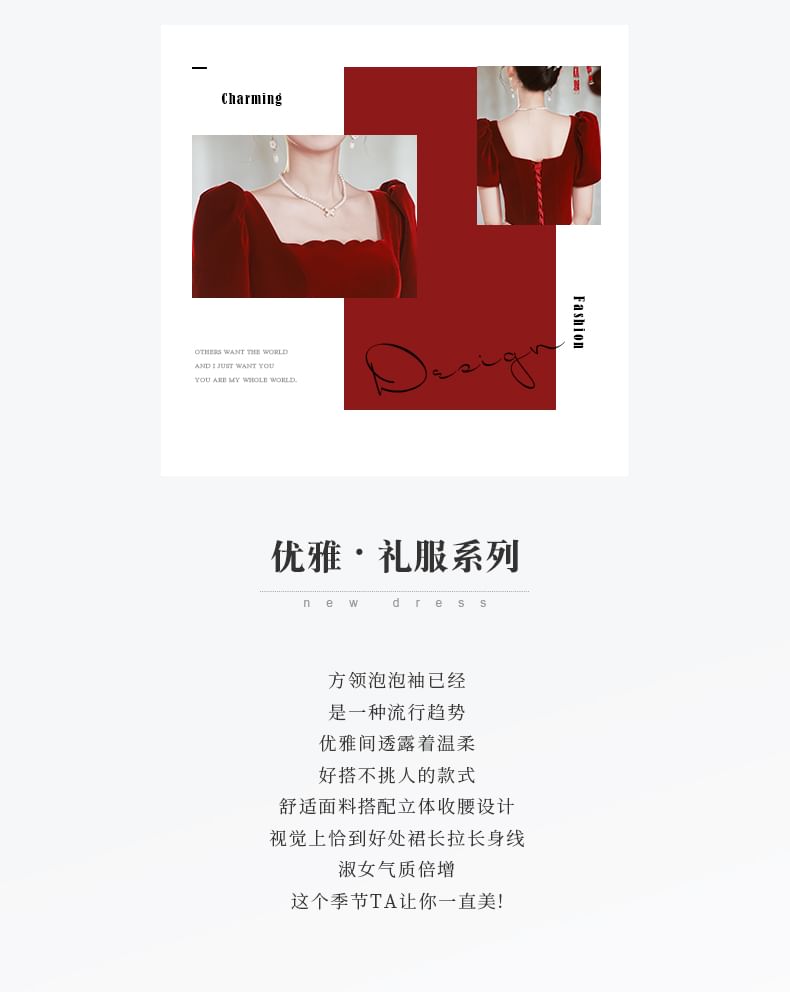 Short-Sleeve Square Neck Sequin Panel A-Line Evening Gown FashionChic