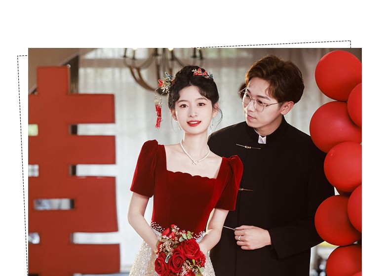 Short-Sleeve Square Neck Sequin Panel A-Line Evening Gown FashionChic