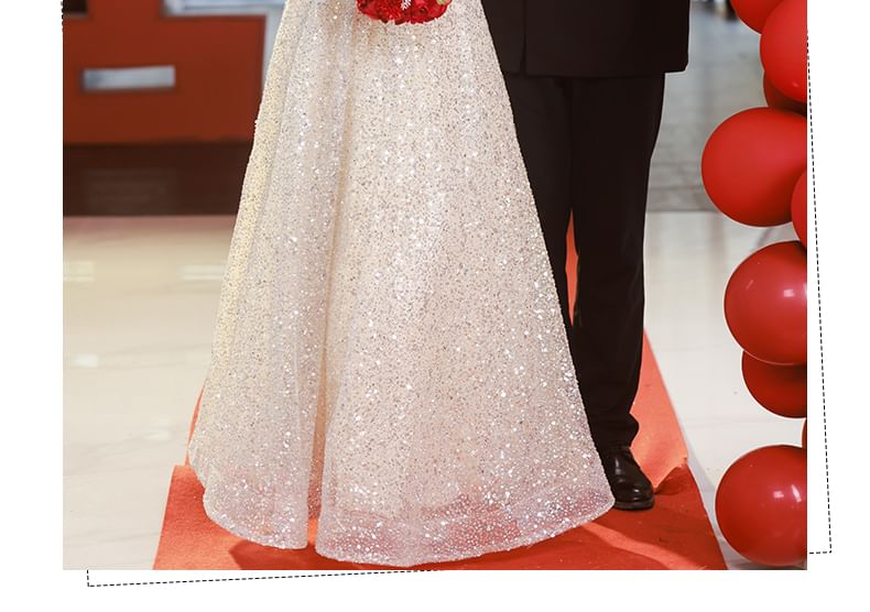 Short-Sleeve Square Neck Sequin Panel A-Line Evening Gown FashionChic